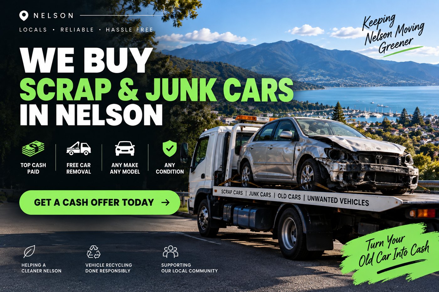 We buy scrap and junk cars in Nelson — tow truck loading a wrecked car with the Nelson coastline behind. Top cash paid, free car removal, any make, any condition.