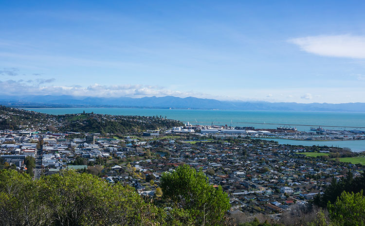 Aerial view of Nelson city and surrounding suburbs from drone